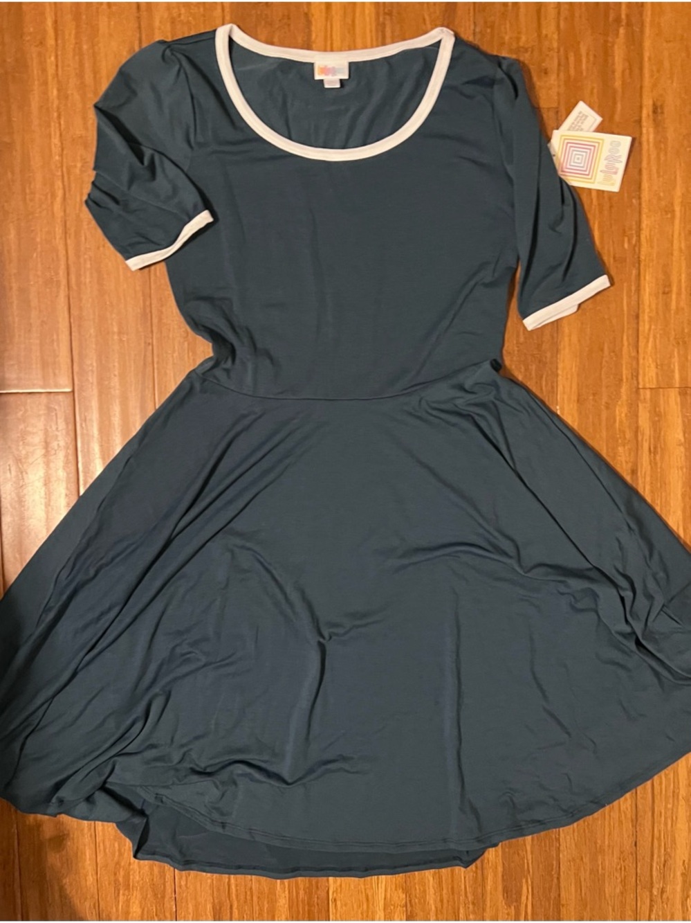 LuLaRoe Nicole Dark Teal Fit-and-Flare Midi Dress with White Trim